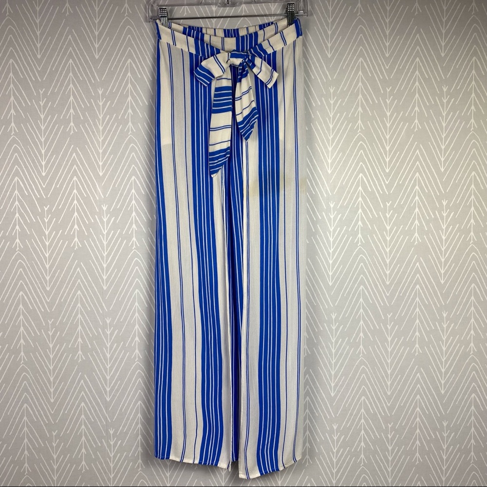 HYFVE Split Front Chic Striped Pants in Blue Stripe.